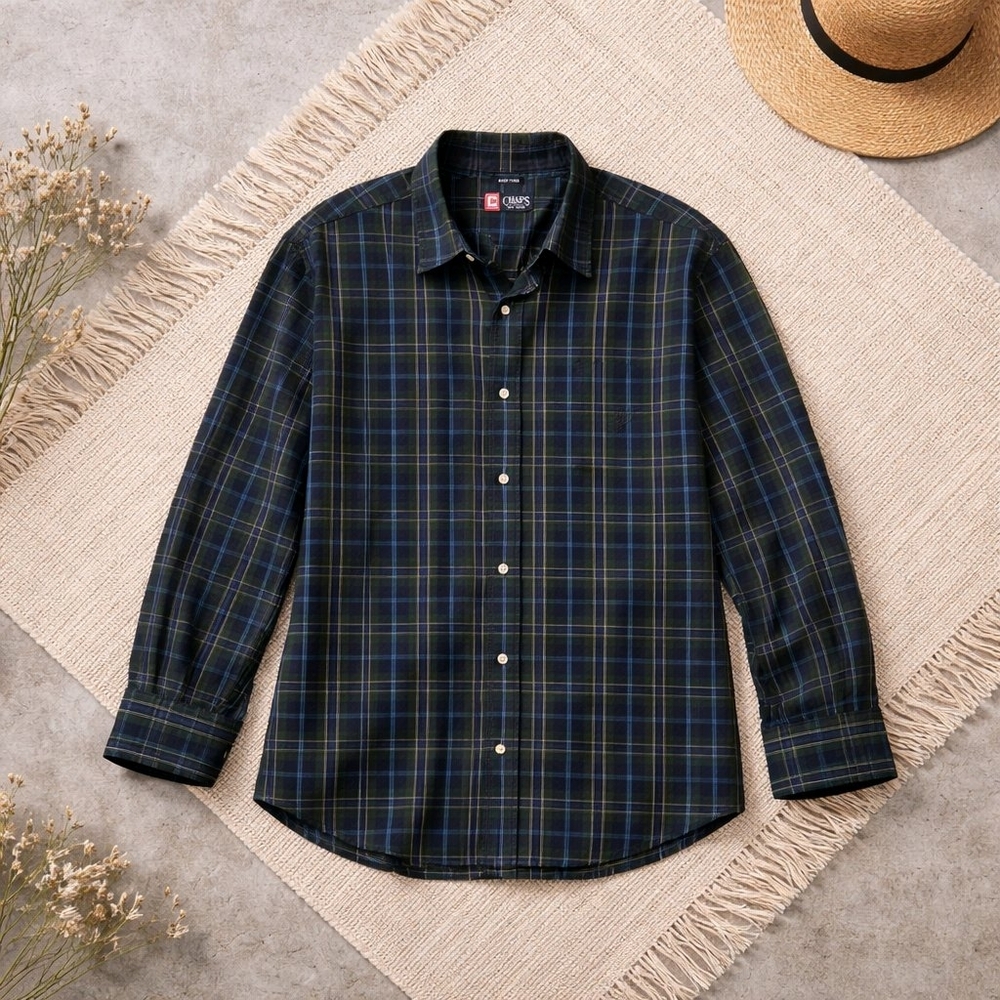 Chaps Men's M Blue Green Plaid Easy Care LS Button Down Shirt EUC